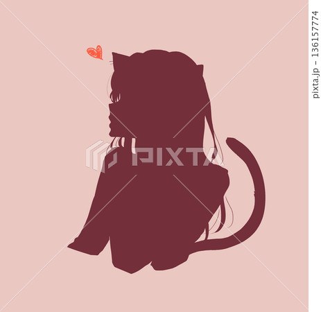 キス顔の女性　横顔　猫耳　シルエット 136157774