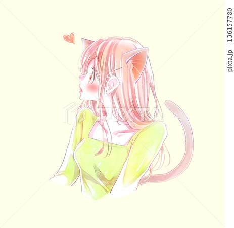 恋する驚く女性　横顔　猫耳 136157780