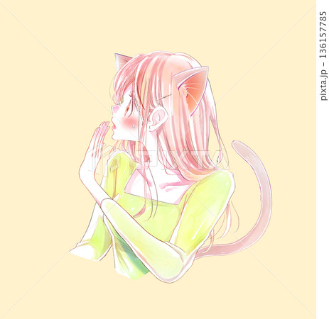 赤面して断る女性　驚く　汗　横顔　猫耳 136157785