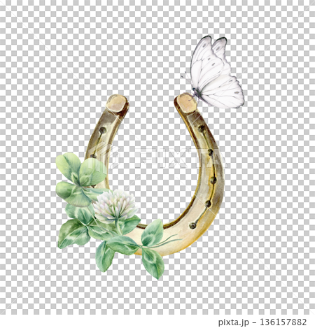 Upright horseshoe,shamrock leaves,white clover flower,delicate white butterfly Irish symbols of luck and happiness.Watercolor charming trio for St. Patricks Day designs,greeting cards,cultural gifts 136157882