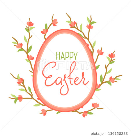 Happy Easter greeting frame design. Cute egg and flowers for traditional celebration. Happy Easter greeting frame design. Cute egg and flowers for traditional celebration. 136158288
