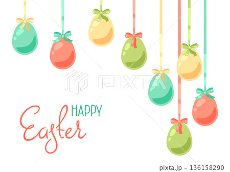 Happy Easter greeting card. Cute eggs with bows for traditional celebration. Happy Easter greeting card. Cute eggs with bows for traditional celebration. 136158290