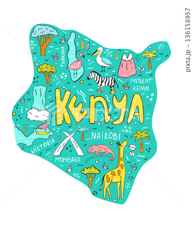 Hand Drawn Kenya Map Illustration with African Wildlife Landmarks and Safari Symbols 136158957