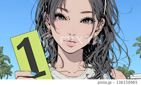 数字の「1」を掲げている若い女性