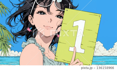 数字の「1」を掲げている若い女性