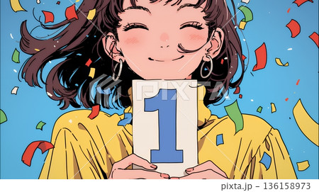 数字の「1」を掲げている若い女性