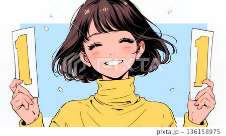 数字の「1」を掲げている若い女性