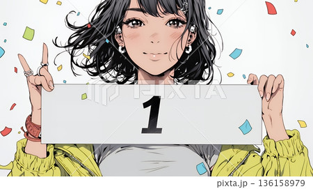 数字の「1」を掲げている若い女性