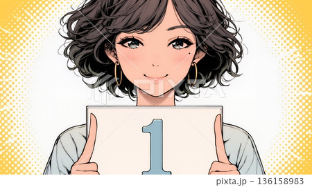 数字の「1」を掲げている若い女性