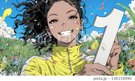 数字の「1」を掲げている若い女性