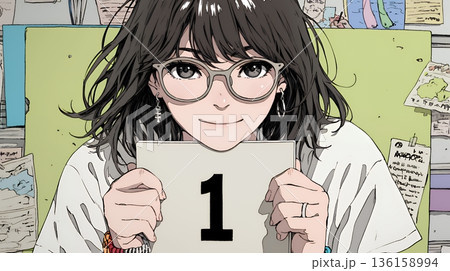 数字の「1」を掲げている若い女性