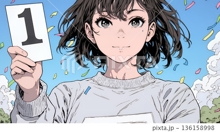 数字の「1」を掲げている若い女性