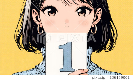 数字の「1」を掲げている若い女性