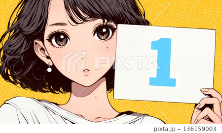 数字の「1」を掲げている若い女性