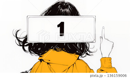 数字の「1」を掲げている若い女性（シンプルな色使い）