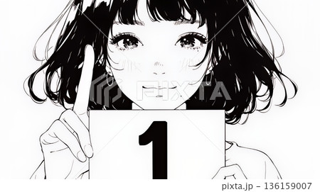 数字の「1」を掲げている若い女性（シンプルな色使い） 136159007