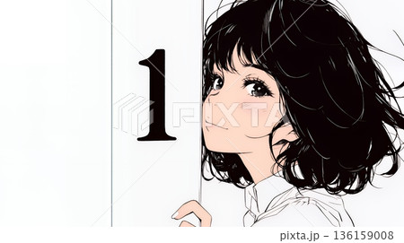 数字の「1」を掲げている若い女性（シンプルな色使い）