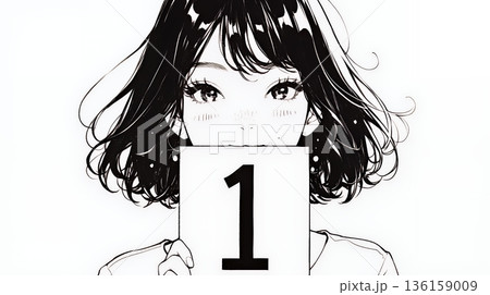 数字の「1」を掲げている若い女性（シンプルな色使い）