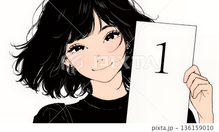 数字の「1」を掲げている若い女性（シンプルな色使い）