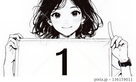 数字の「1」を掲げている若い女性（シンプルな色使い）