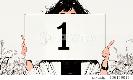 数字の「1」を掲げている若い女性（シンプルな色使い）