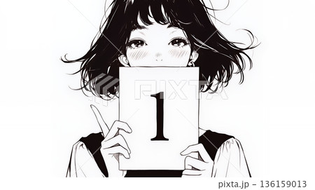 数字の「1」を掲げている若い女性（シンプルな色使い）