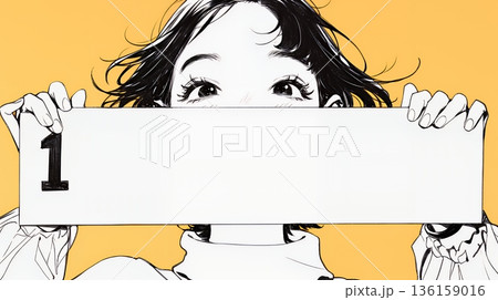 数字の「1」を掲げている若い女性（シンプルな色使い）