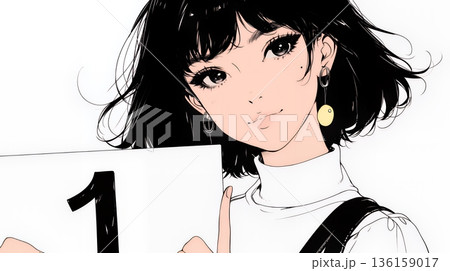 数字の「1」を掲げている若い女性（シンプルな色使い）