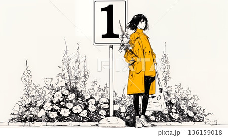 数字の「1」を掲げている若い女性（シンプルな色使い） 136159018