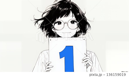 数字の「1」を掲げている若い女性（シンプルな色使い）