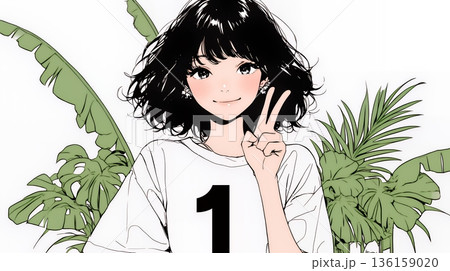 数字の「1」を掲げている若い女性（シンプルな色使い）