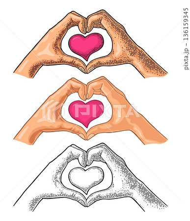 Fingers show heart. Vector engrave illustration for poster valentines day 136159345
