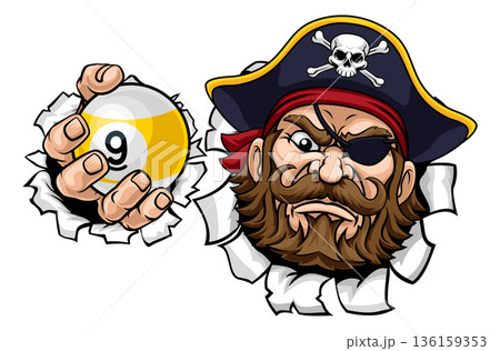 Pirate and 9 Ball Nine Ball Pool Cartoon Mascot Pirate and 9 Ball Nine Ball Pool Cartoon Mascot 136159353