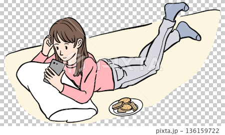 スマホを見ながら寝そべっている女性　イラスト 136159722