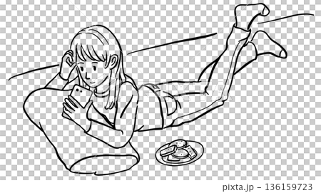 A woman lying down while looking at her smartphone Line drawing 136159723