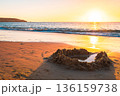 Sand castle on Maslin Beach at sunset viewed towards Red Ochre Cove, Fleurieu Peninsula 136159738