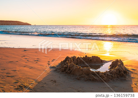 Sand castle on Maslin Beach at sunset viewed towards Red Ochre Cove, Fleurieu Peninsula 136159738