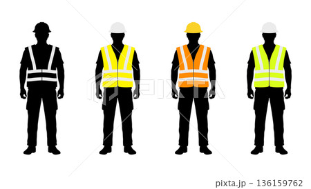 Set of four black silhouettes of construction workers in colored safety vests with reflective stripes and helmets, including orange, yellow, lime green, and black and white version, no background 136159762