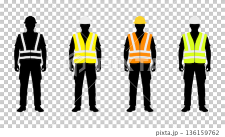 Set of four black silhouettes of construction workers in colored safety vests with reflective stripes and helmets, including orange, yellow, lime green, and black and white version, no background Set of four black silhouettes of construction workers in colored safety vests with reflective stripes and helmets, including orange, yellow, lime green, and black and white version, no background 136159762