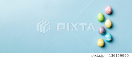 holiday preparation Multi colors Easter eggs on colored background . Pastel color Easter eggs. holiday concept with copy space 136159990