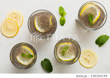 Healthy breakfast or morning with chia seeds lemon and mint on table background, vegetarian food, diet and health concept. Chia pudding with lemon and mint 136160149