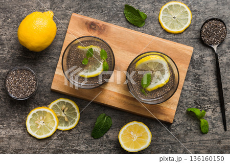 Healthy breakfast or morning with chia seeds lemon and mint on table background, vegetarian food, diet and health concept. Chia pudding with lemon and mint Healthy breakfast or morning with chia seeds lemon and mint on table background, vegetarian food, diet and health concept. Chia pudding with lemon and mint 136160150