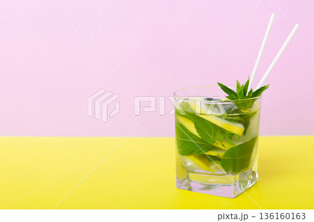 Mojito summer refreshing cocktail with ice and mint. mojito cocktail with lime, lemon and mint in a tall glass with a stick 136160163