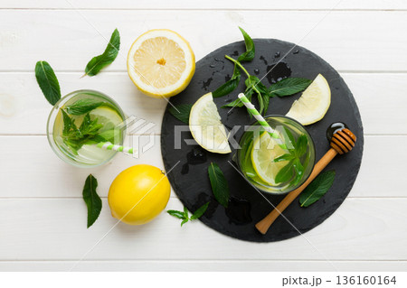 Caipirinha, Mojito cocktail, vodka or soda drink with lime, mint and straw on table background. Refreshing beverage with mint and lime in glass top view flat lay Caipirinha, Mojito cocktail, vodka or soda drink with lime, mint and straw on table background. Refreshing beverage with mint and lime in glass top view flat lay 136160164