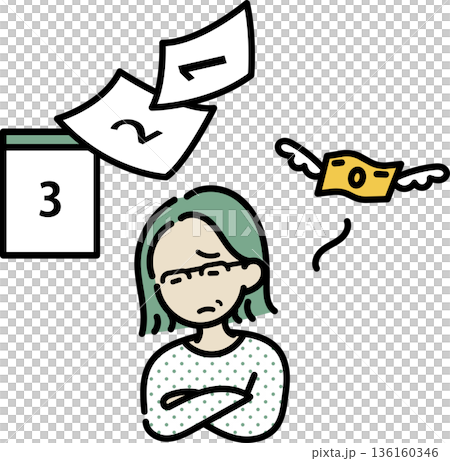 Illustration of a woman in her 40s struggling with daily payments 136160346