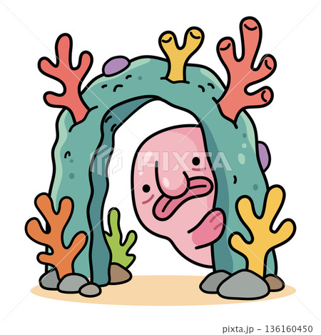 Cute pink blobfish peeking from coral arch underwater, vector illustration of sad deep sea fish character in flat style, marine reef environment for children design and stickers. Cute pink blobfish peeking from coral arch underwater, vector illustration of sad deep sea fish character in flat style, marine reef environment for children design and stickers. 136160450
