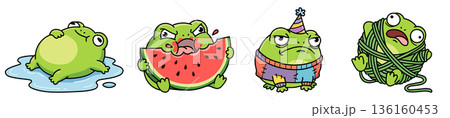 Set of cute green frog cartoon characters with different emotions: eating watermelon, relaxing in water, wearing party hat and tangled in yarn, flat vector stickers for design. 136160453