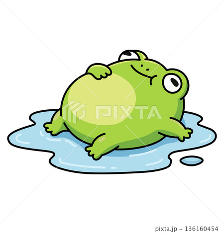 Cute green frog cartoon character lying in blue water puddle and looking up dreamily, flat vector illustration of happy animal for stickers, children design and summer concepts. 136160454