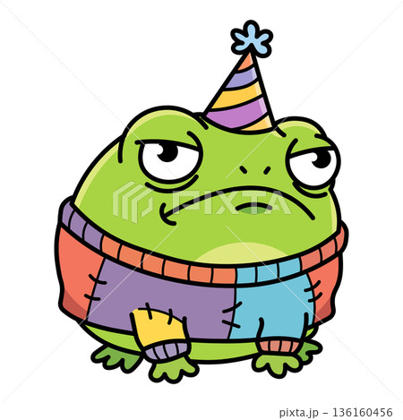 Grumpy green frog in patchwork sweater and party hat, sad cartoon character for birthday blues and social anxiety concepts, isolated vector illustration in flat style on white. Grumpy green frog in patchwork sweater and party hat, sad cartoon character for birthday blues and social anxiety concepts, isolated vector illustration in flat style on white. 136160456