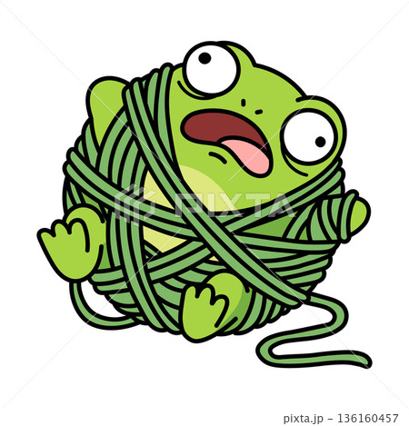 Cute green frog tangled in a ball of knitting yarn, flat vector illustration of surprised cartoon character for hobby and children design isolated on white, funny knitting concept. 136160457